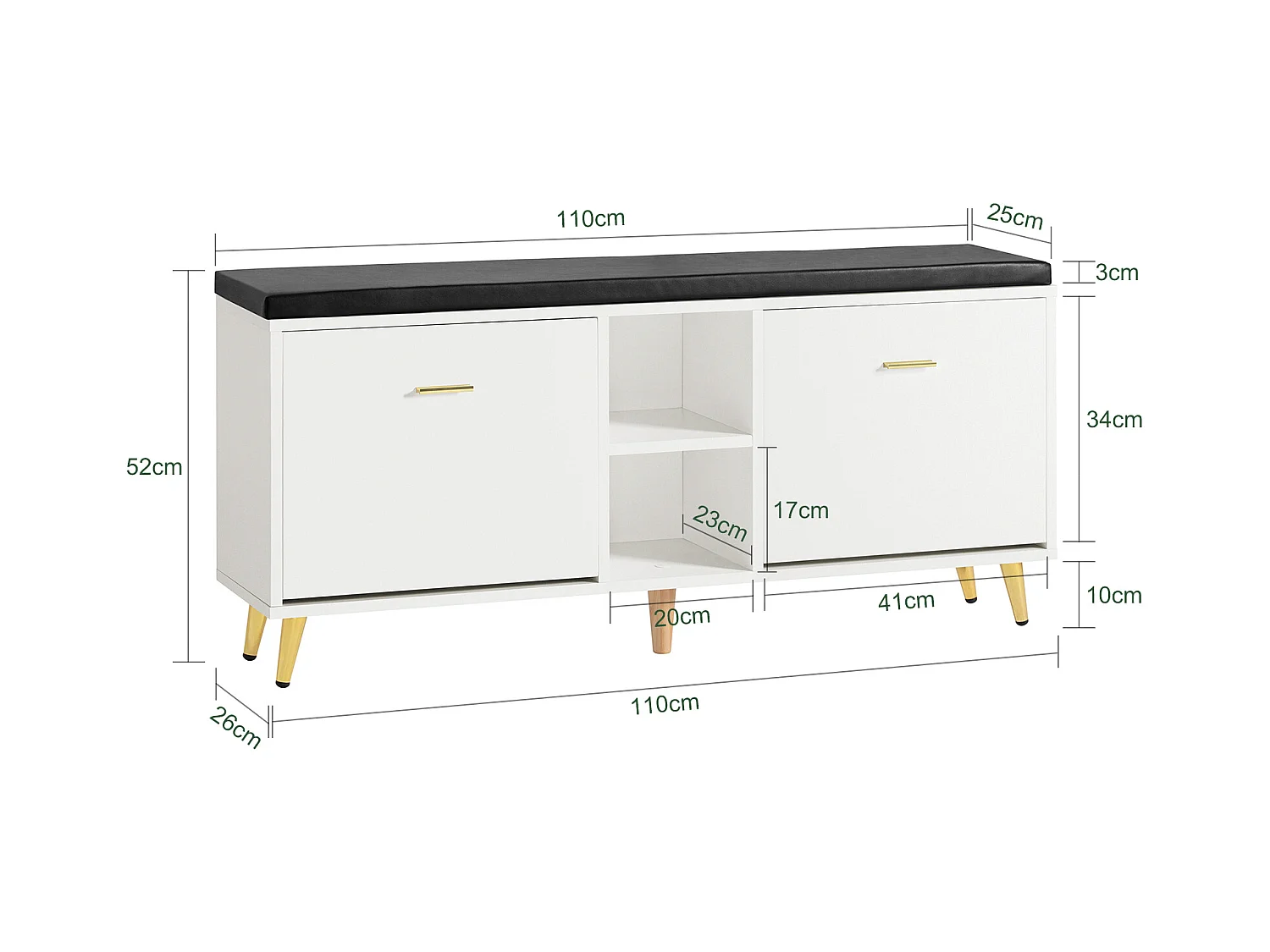 Banc à Chaussures, Armoire à Chaussures 2 Abattants avec 2 Compartiments Ouvert et Coussin, FSR132-W