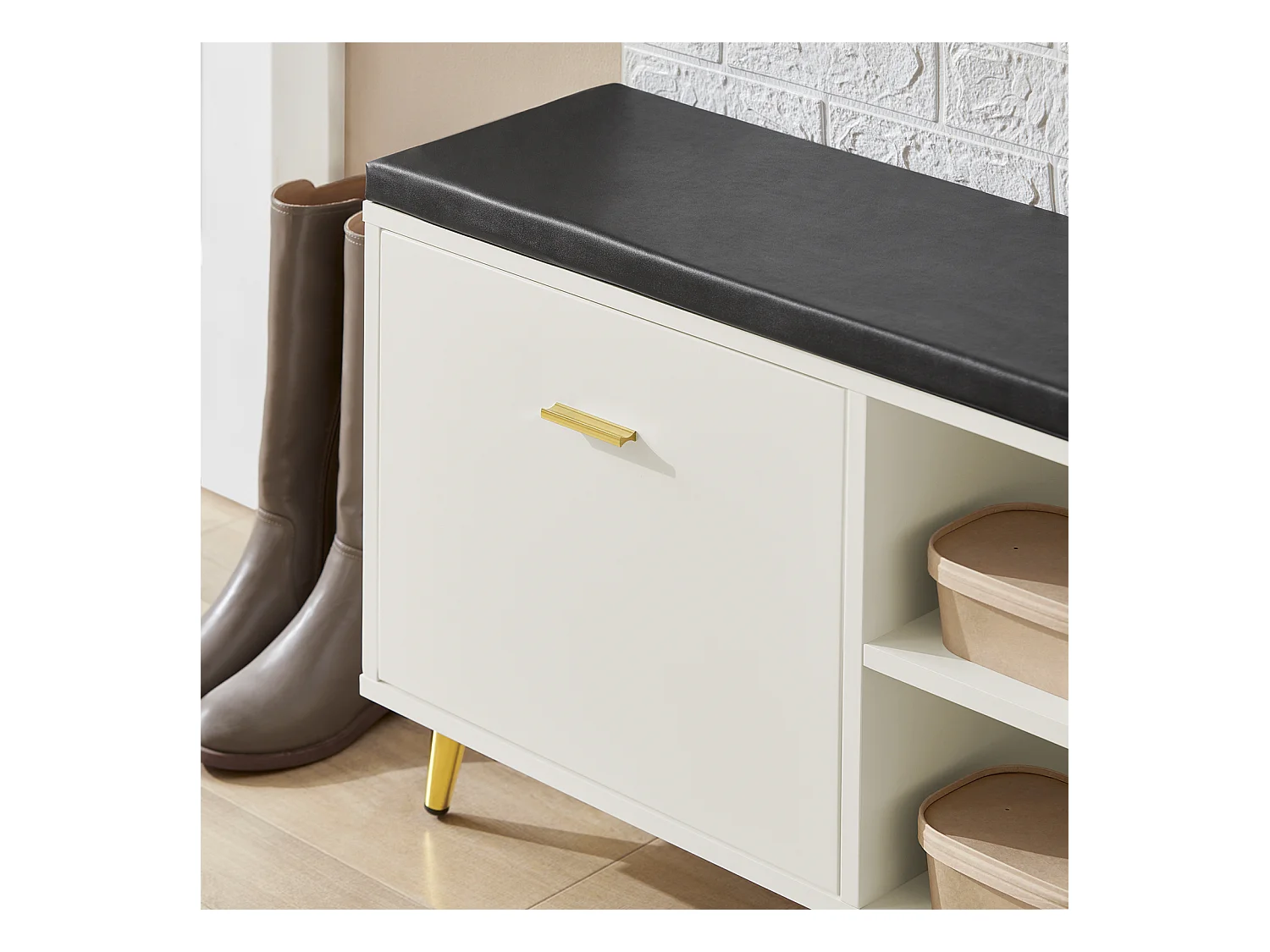 Banc à Chaussures, Armoire à Chaussures 2 Abattants avec 2 Compartiments Ouvert et Coussin, FSR132-W