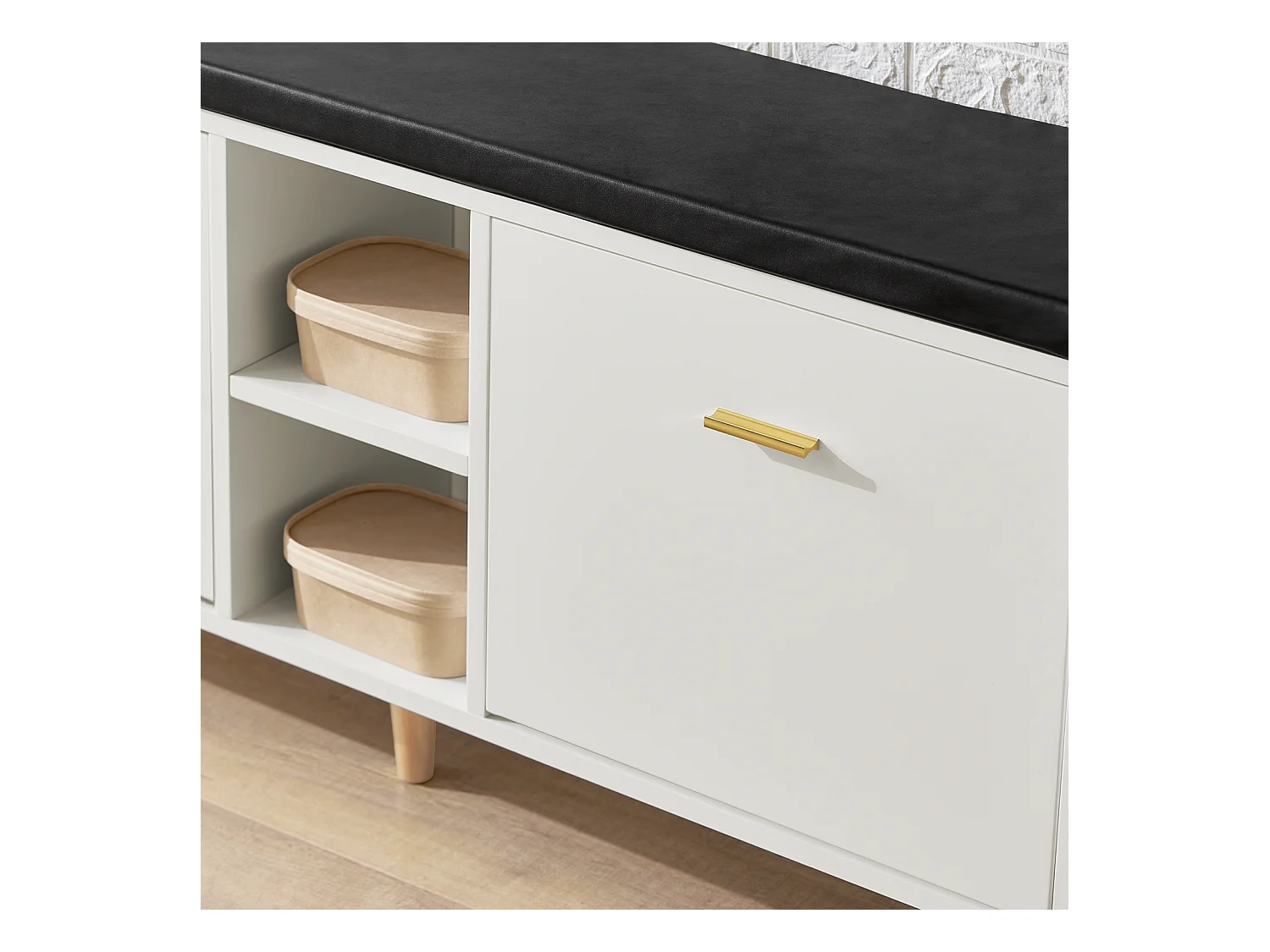 Banc à Chaussures, Armoire à Chaussures 2 Abattants avec 2 Compartiments Ouvert et Coussin, FSR132-W