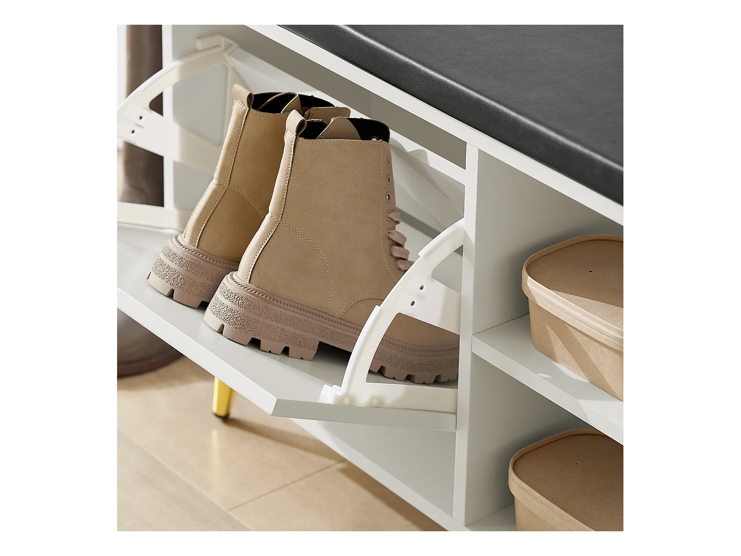 Banc à Chaussures, Armoire à Chaussures 2 Abattants avec 2 Compartiments Ouvert et Coussin, FSR132-W