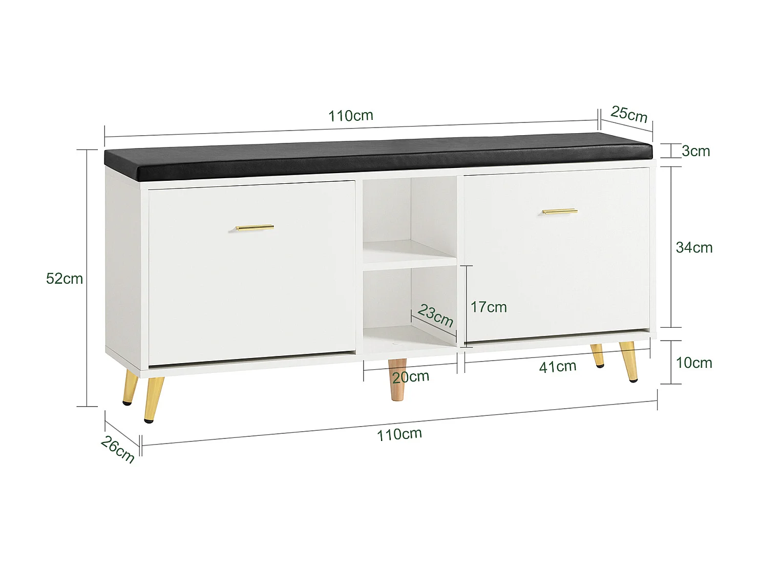 Banc à Chaussures, Armoire à Chaussures 2 Abattants avec 2 Compartiments Ouvert et Coussin, FSR132-W