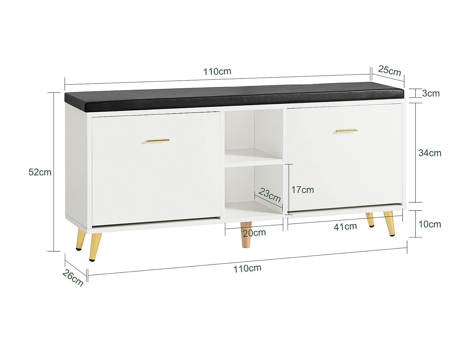 Banc à Chaussures, Armoire à Chaussures 2 Abattants avec 2 Compartiments Ouvert et Coussin, FSR132-W