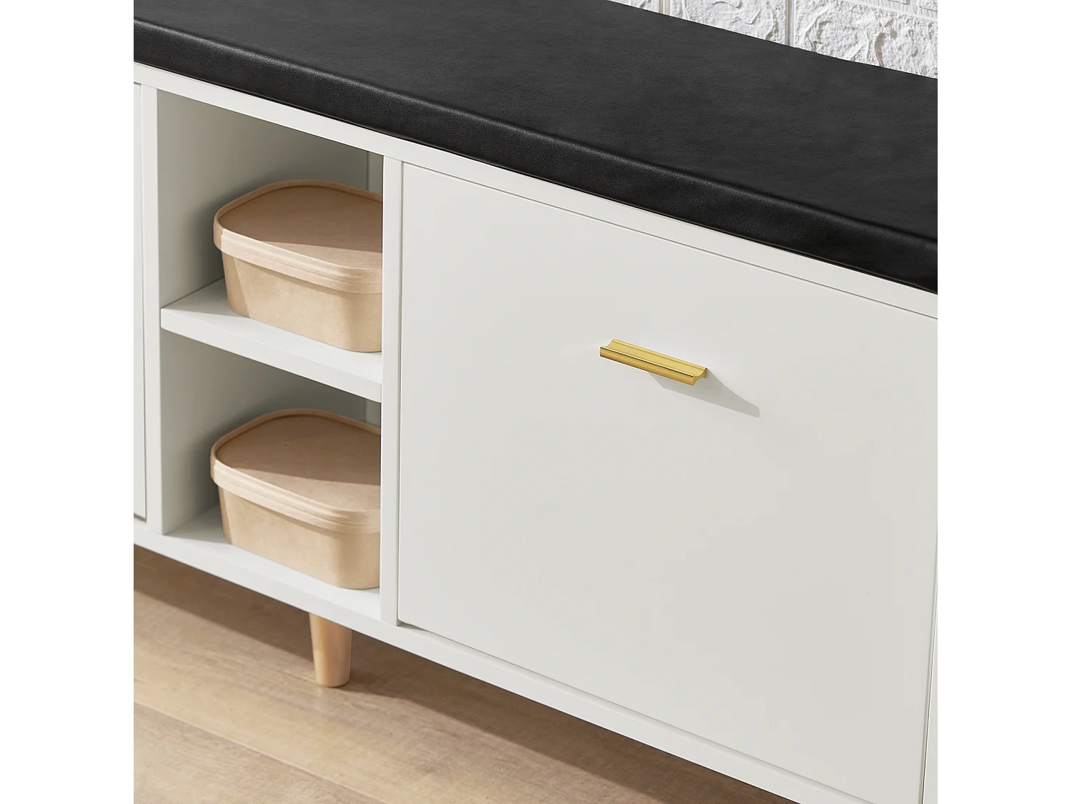 Banc à Chaussures, Armoire à Chaussures 2 Abattants avec 2 Compartiments Ouvert et Coussin, FSR132-W