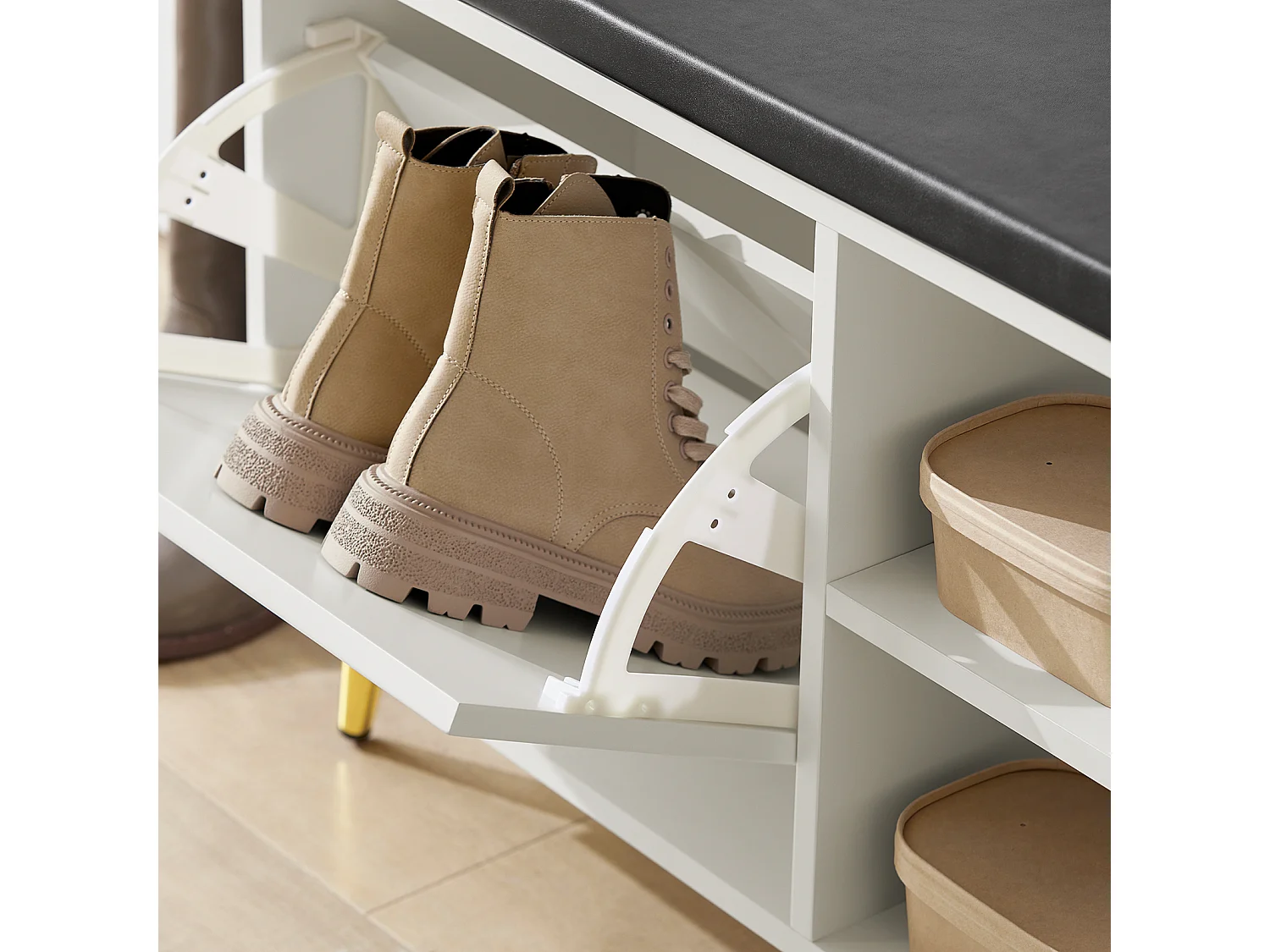 Banc à Chaussures, Armoire à Chaussures 2 Abattants avec 2 Compartiments Ouvert et Coussin, FSR132-W