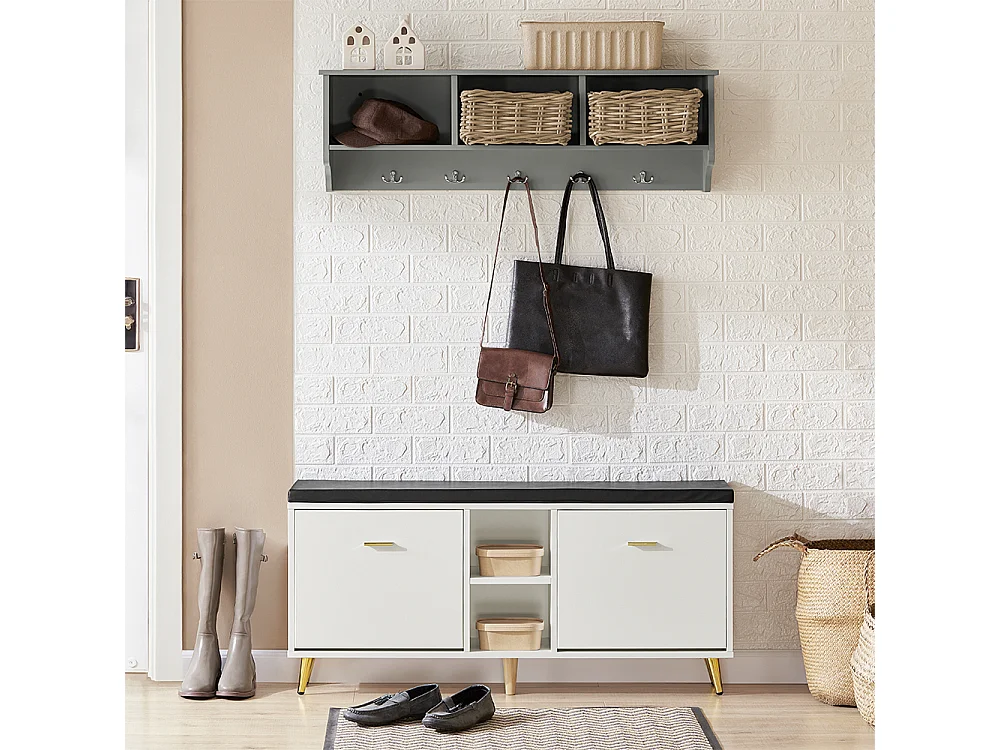 Banc à Chaussures, Armoire à Chaussures 2 Abattants avec 2 Compartiments Ouvert et Coussin, FSR132-W