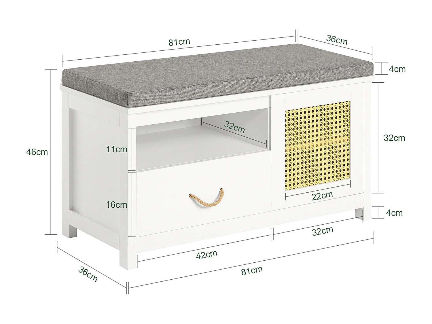 Banc de Rangement, Banc à Chaussures, Meuble d’Entrée avec Coussin Rembourré avec 1 Porte, FSR126-W