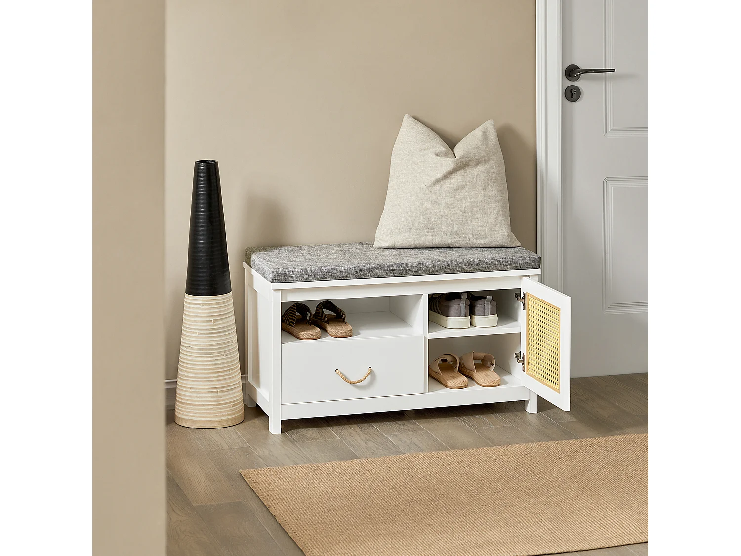 Banc de Rangement, Banc à Chaussures, Meuble d’Entrée avec Coussin Rembourré avec 1 Porte, FSR126-W