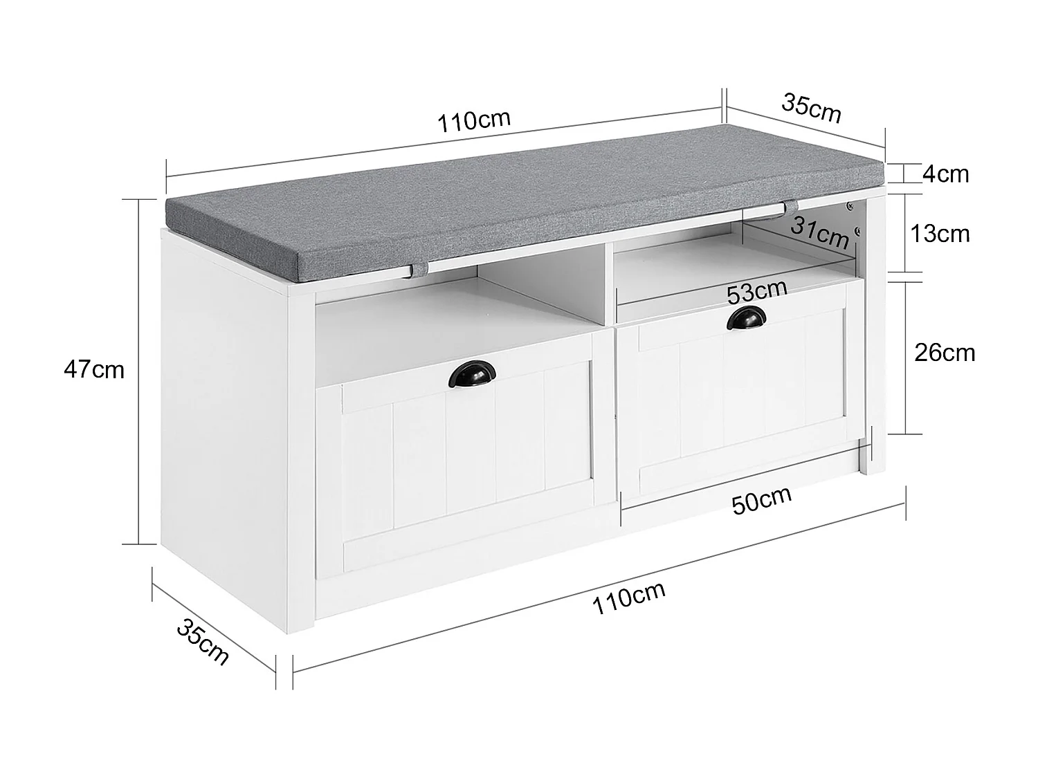 SoBuy FSR90-W Schoenenbank met 2 lades Wit ca. 110 x 47 x 35 cm