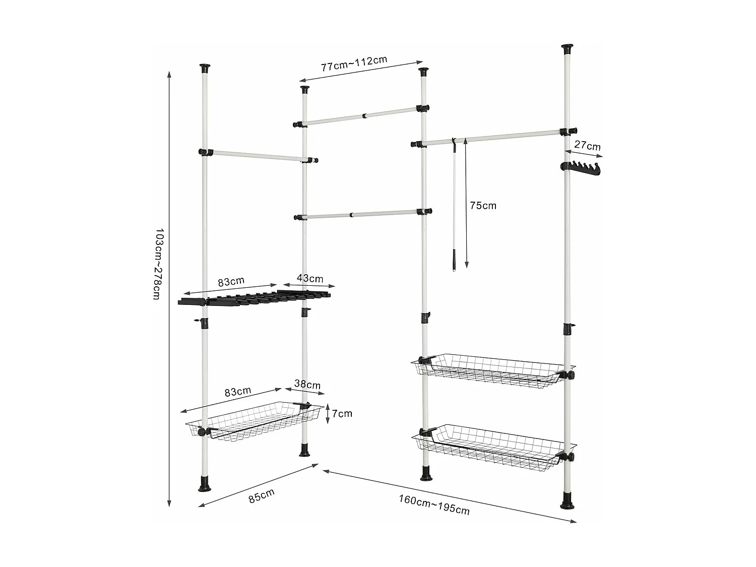 SoBuy FRG38 Kledingrek Klerenrailsysteem Opbergsysteem Wit