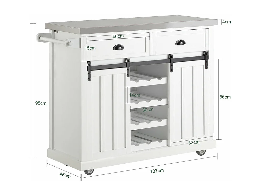 SoBuy FKW94-W Design Dressoir Mobiele Keukenkast Opbergruimte Keukenwage met RVS Plaat Flessenrek 2 Schuifdeuren en 2 Lades - Wit 116x46x95cm (bxlxh)