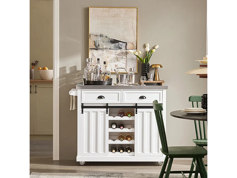 SoBuy FKW94-W Design Dressoir Mobiele Keukenkast Opbergruimte Keukenwage met RVS Plaat Flessenrek 2 Schuifdeuren en 2 Lades - Wit 116x46x95cm (bxlxh)