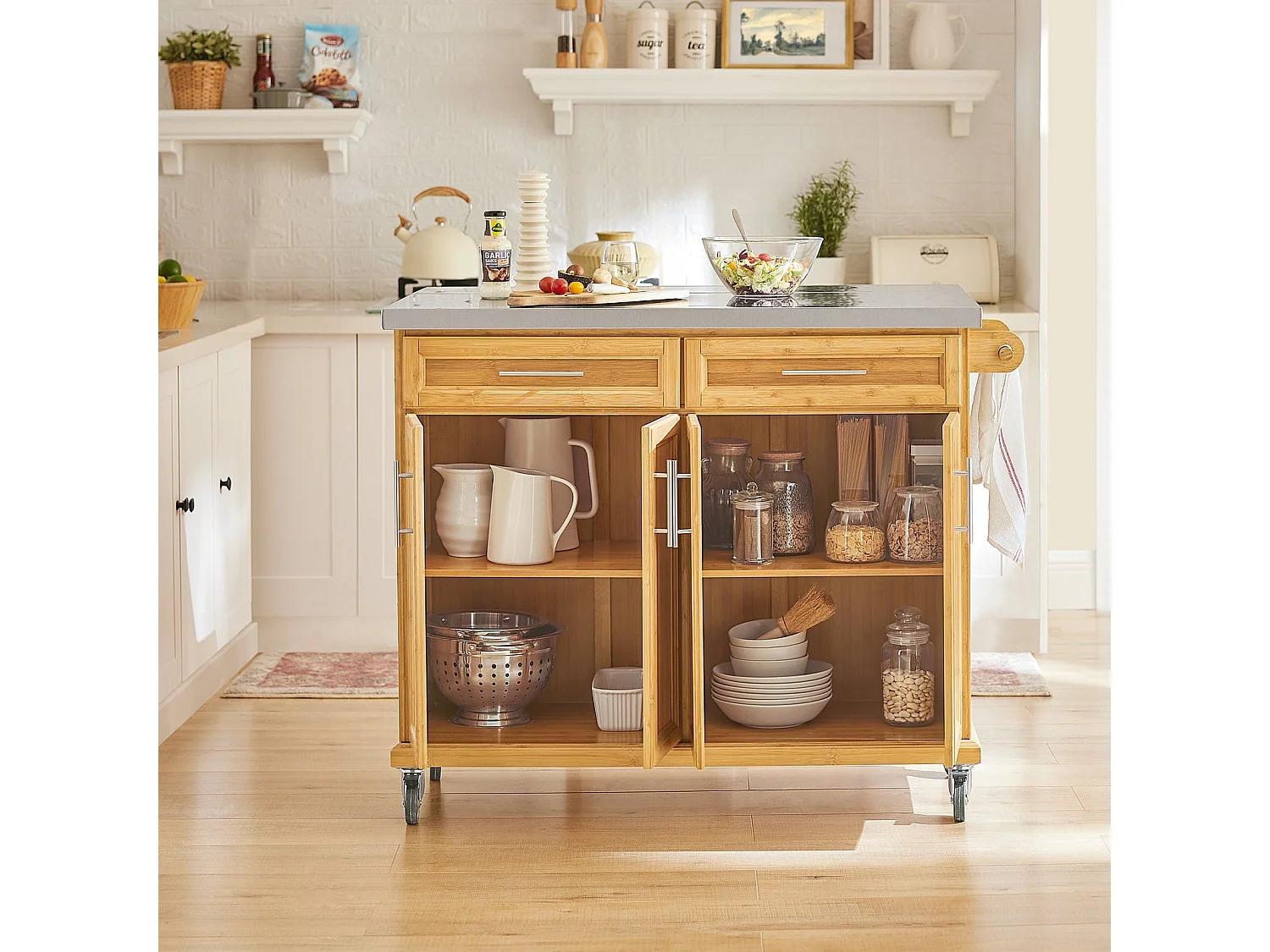 Carrito de Cocina con Piso de Acero,con Tablero Extensible, Carrito de Servir de bambú,L115 x P46 x H92cm FKW69-N SoBuy ES