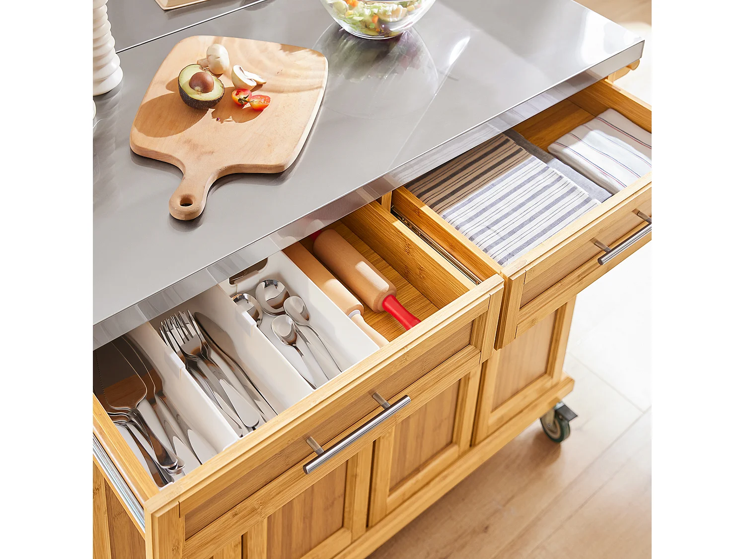 Desserte sur roulettes Meuble de Cuisine de Service Roulant en Bambou FKW69-N