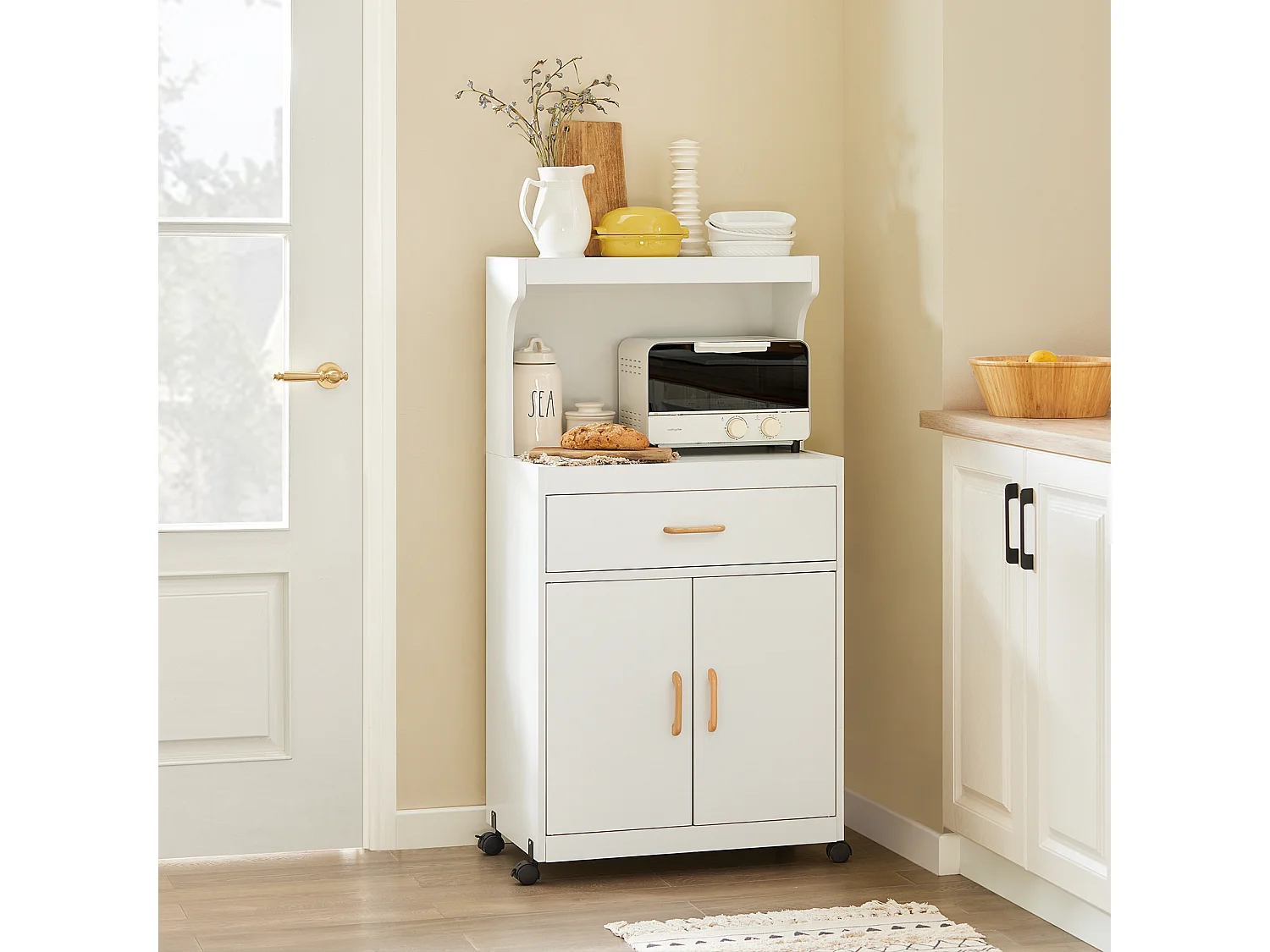 SoBuy Mobile microonde Credenza cucina con route, bianco, FSB12-W