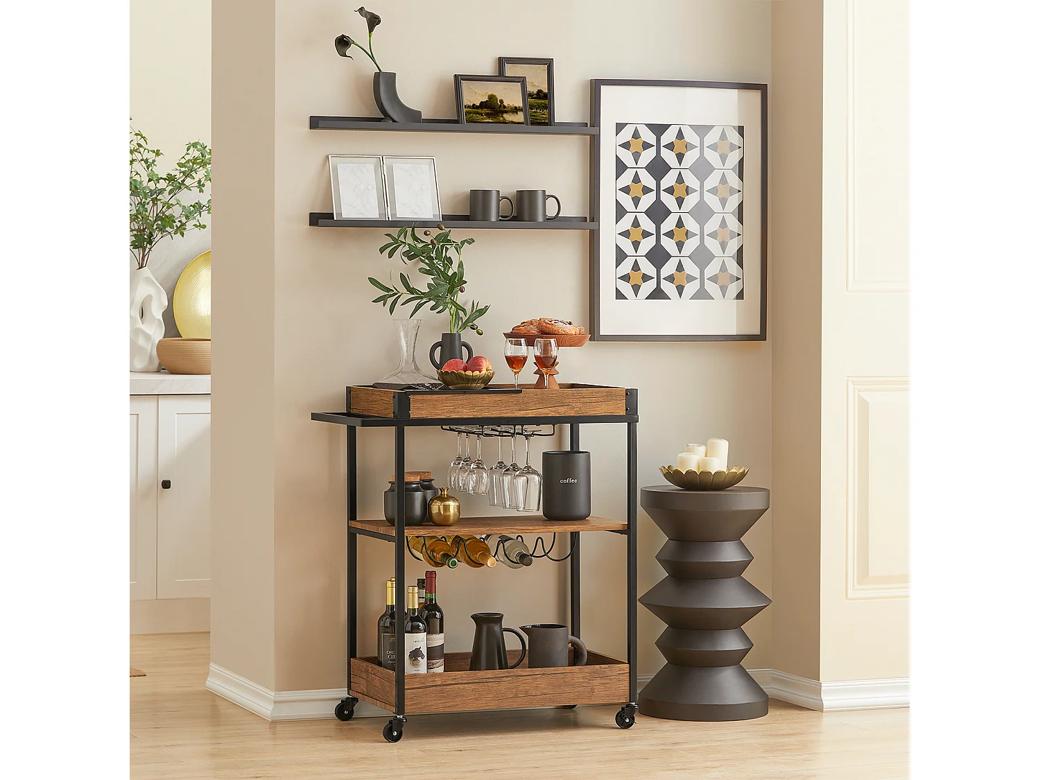 SoBuy SVW19-N Keukentrolley - Opbergtrolley - Trolley met 3 Planken voor Keuken, Eetkamer, Woonkamer - Serveerwagen