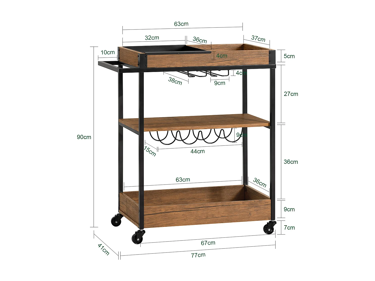 SoBuy SVW19-N Keukentrolley - Opbergtrolley - Trolley met 3 Planken voor Keuken, Eetkamer, Woonkamer - Serveerwagen