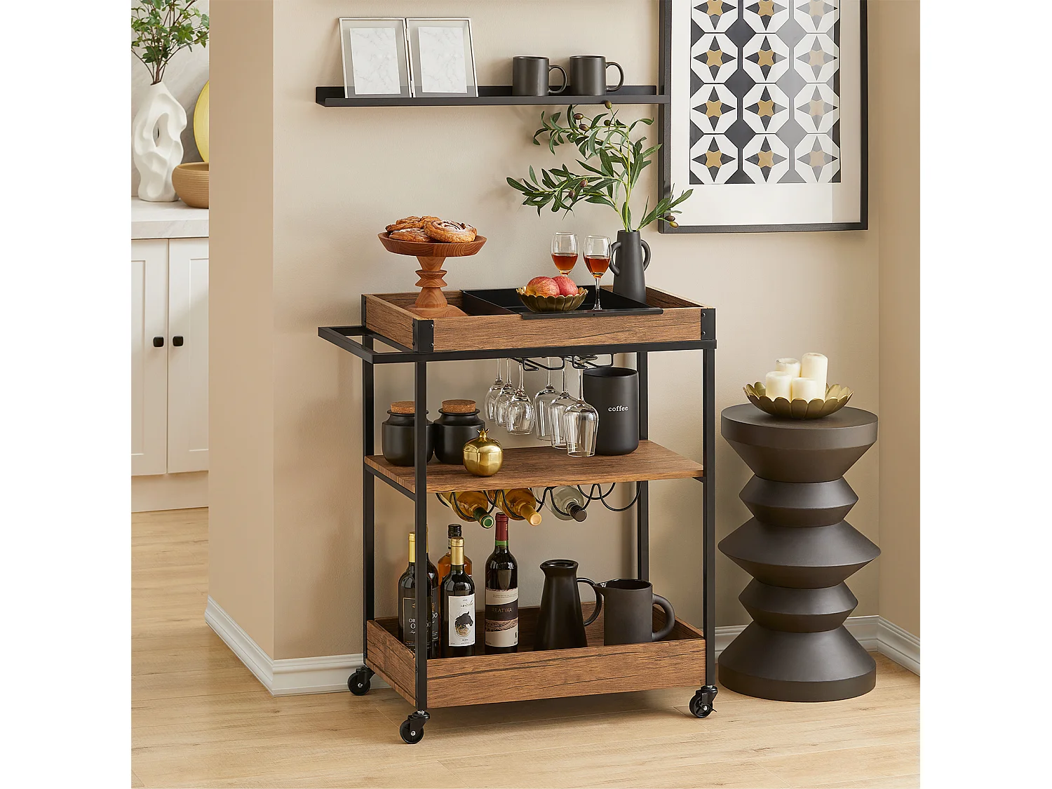 SoBuy SVW19-N Keukentrolley - Opbergtrolley - Trolley met 3 Planken voor Keuken, Eetkamer, Woonkamer - Serveerwagen