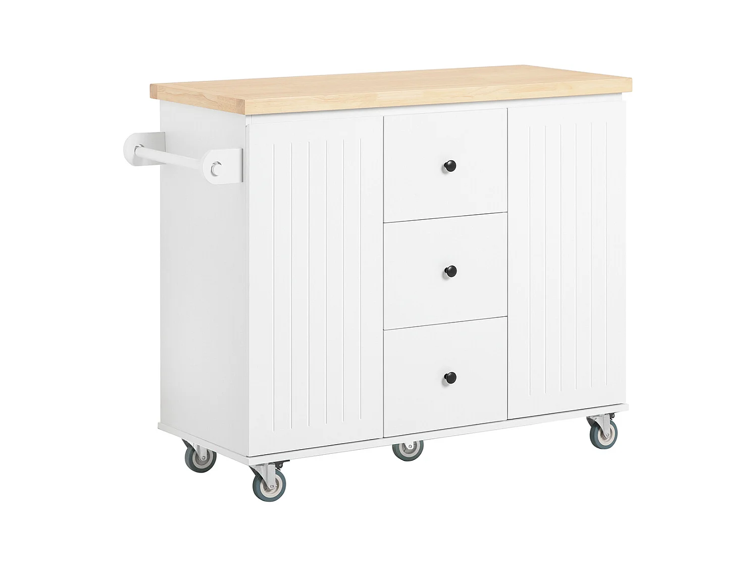 SoBuy Rollend serveerbuffet keukenopbergmeubel keukeneiland met werkblad 3 lades en 2 deuren opbergkast, wit, 116x45x92 cm, FKW96-II-WN