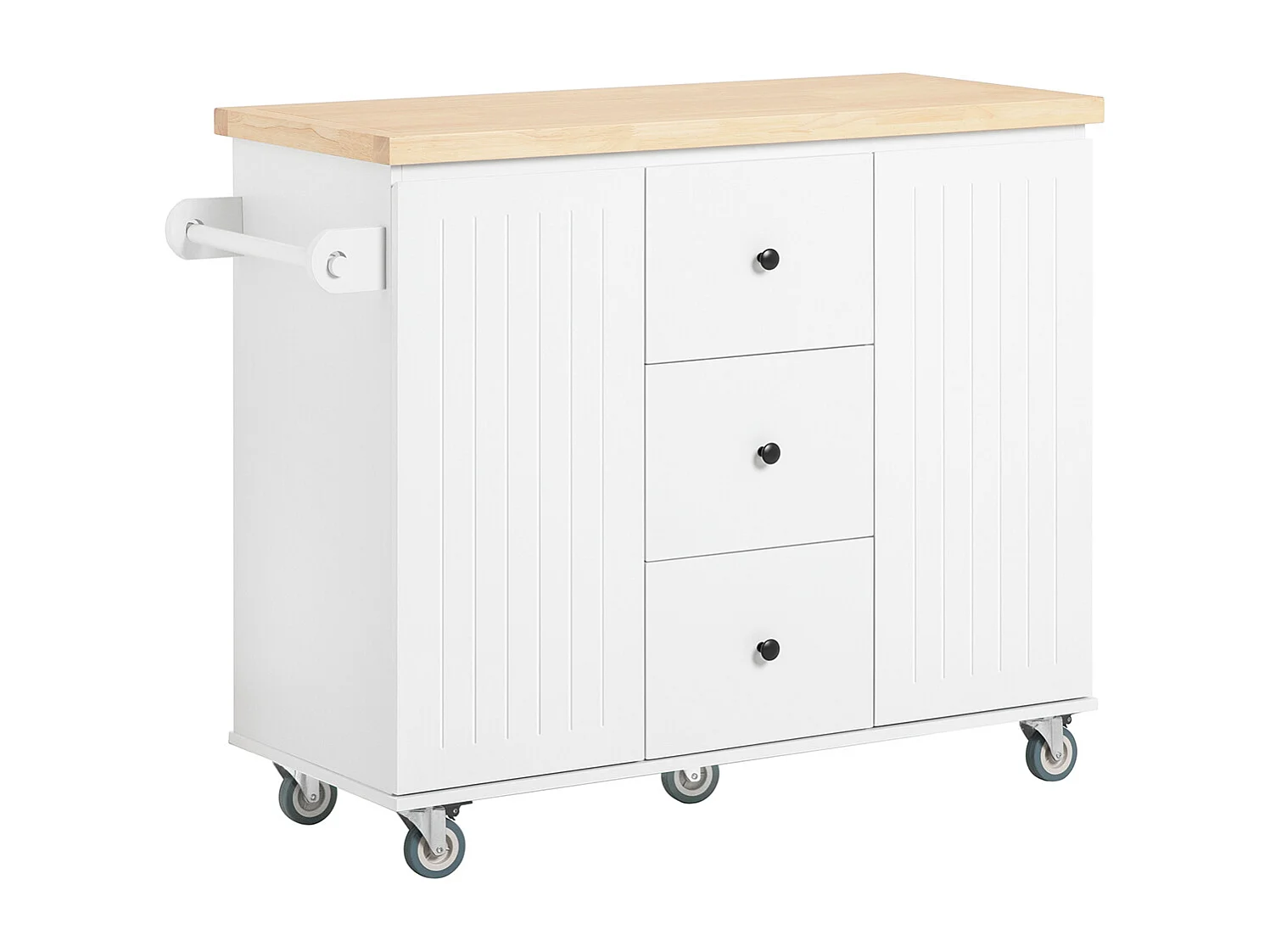 SoBuy Rollend serveerbuffet keukenopbergmeubel keukeneiland met werkblad 3 lades en 2 deuren opbergkast, wit, 116x45x92 cm, FKW96-II-WN