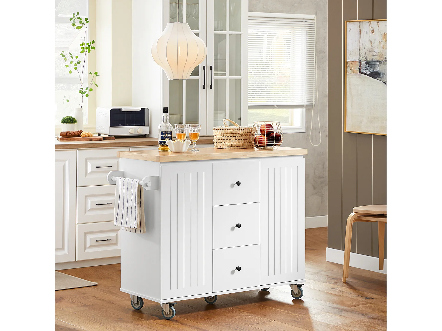 SoBuy Rollend serveerbuffet keukenopbergmeubel keukeneiland met werkblad 3 lades en 2 deuren opbergkast, wit, 116x45x92 cm, FKW96-II-WN