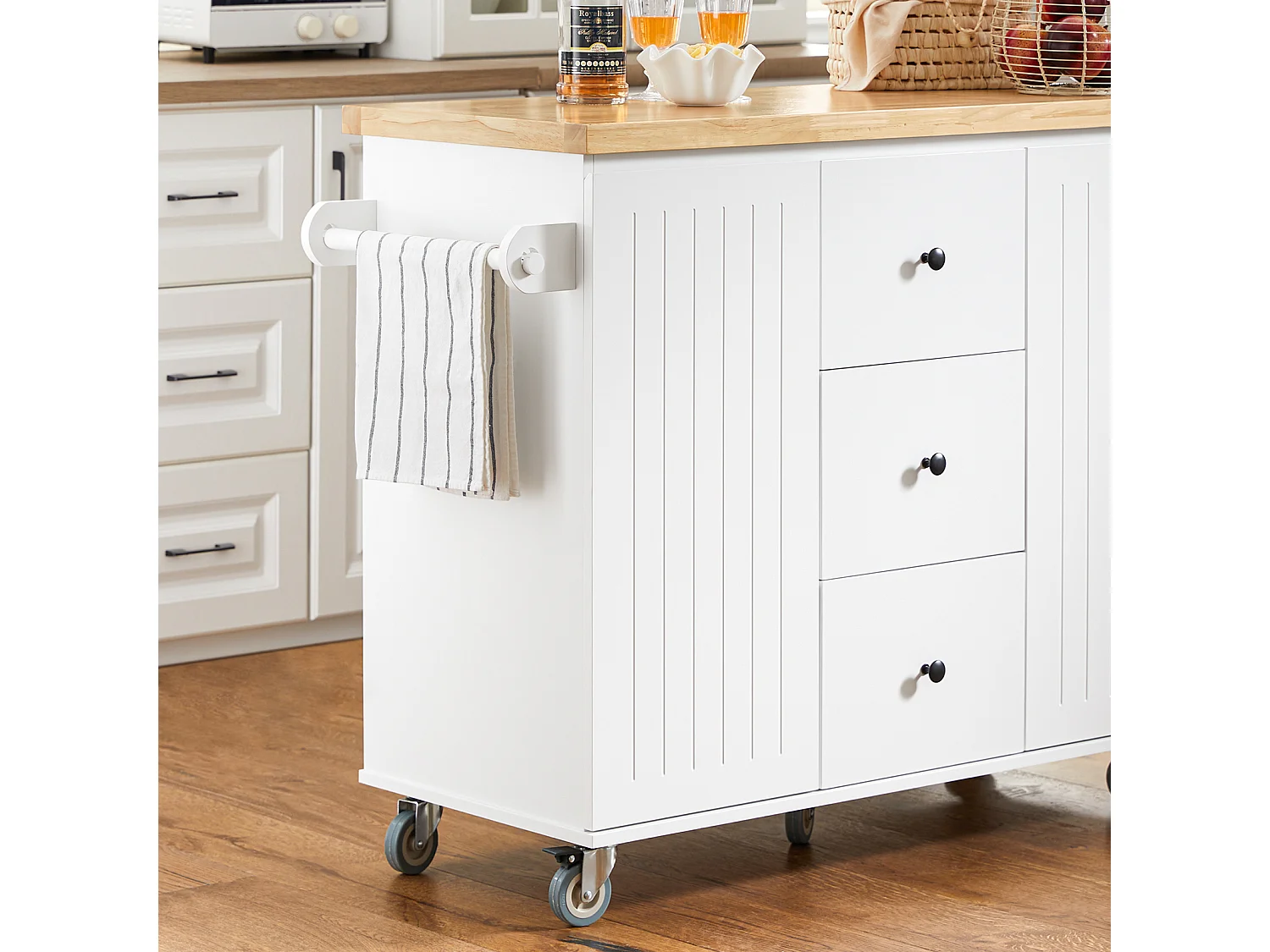 SoBuy Rollend serveerbuffet keukenopbergmeubel keukeneiland met werkblad 3 lades en 2 deuren opbergkast, wit, 116x45x92 cm, FKW96-II-WN