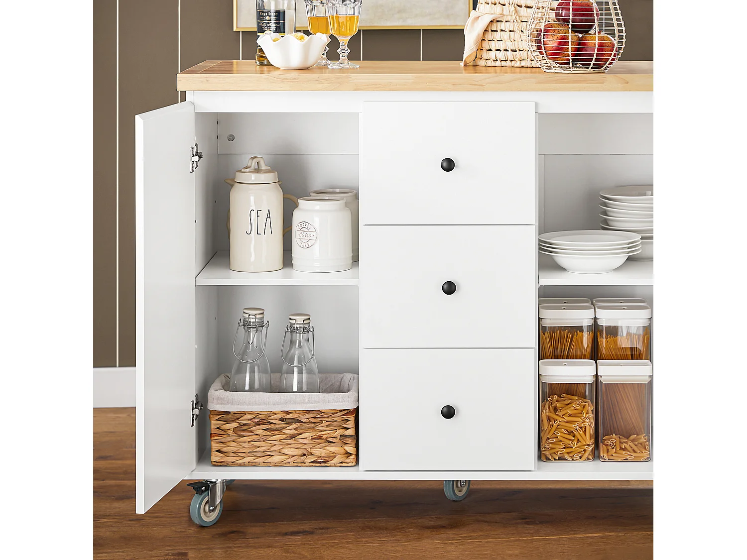 SoBuy Rollend serveerbuffet keukenopbergmeubel keukeneiland met werkblad 3 lades en 2 deuren opbergkast, wit, 116x45x92 cm, FKW96-II-WN