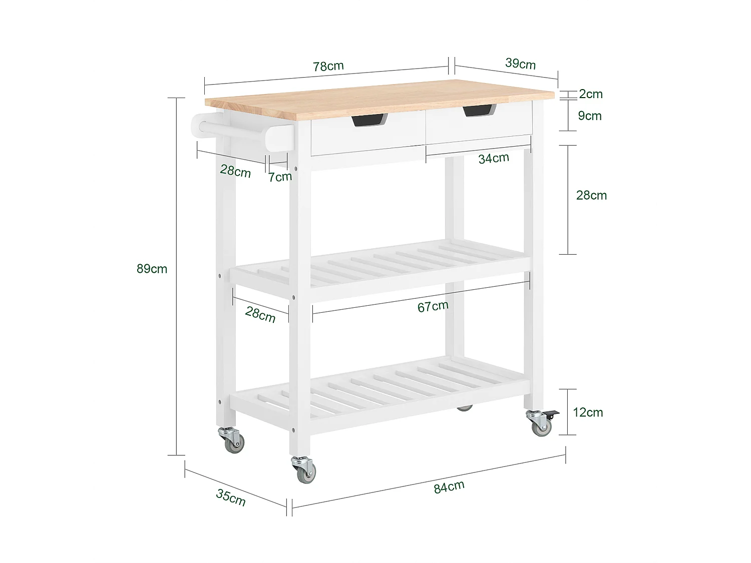 Chariot de Service Desserte à roulettes Table Roulante Meuble de Rangement Cuisine, FKW68-WN