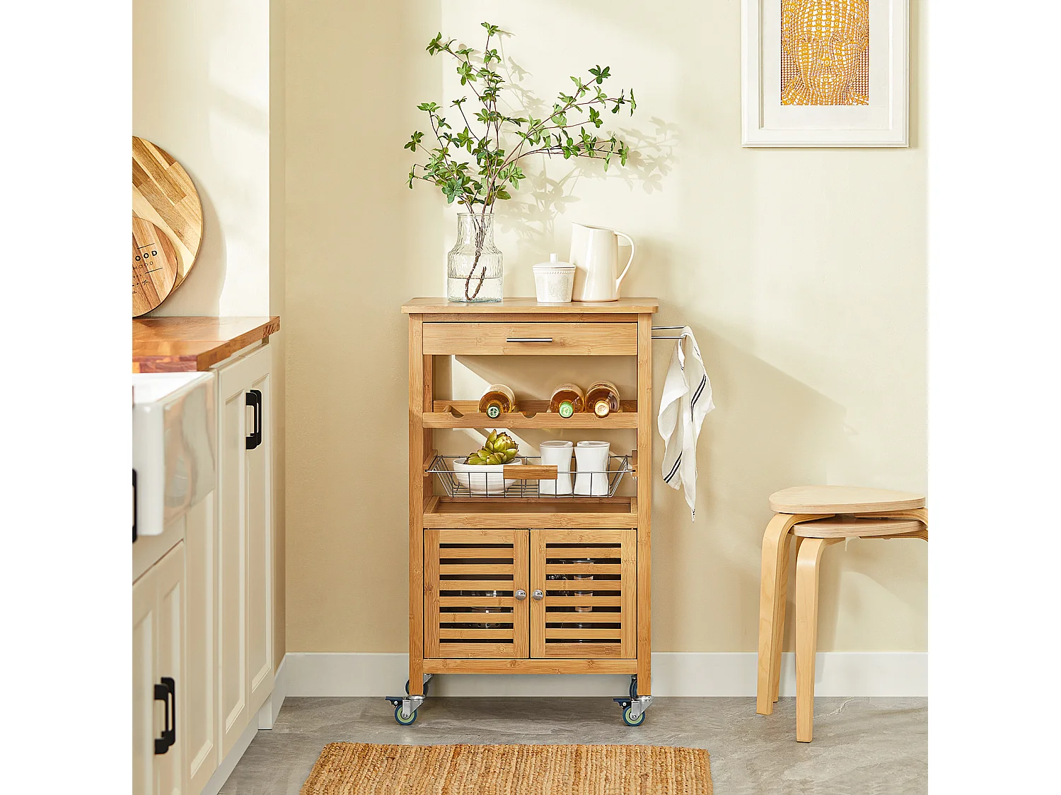 SoBuy Carrello di servizio,Scaffalle da cucina,portaoggetti su rotelle,con armadietto,FKW53-N