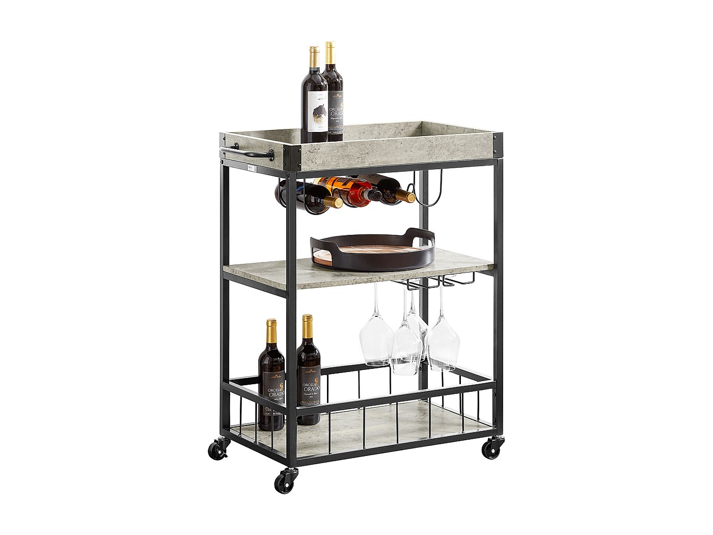 Chariot De Service 3 étages Huhote - Avec Porte-bouteilles Et Porte-verres - Roulettes Avec Freins - 64x35x85 Cm, Finition Bois
