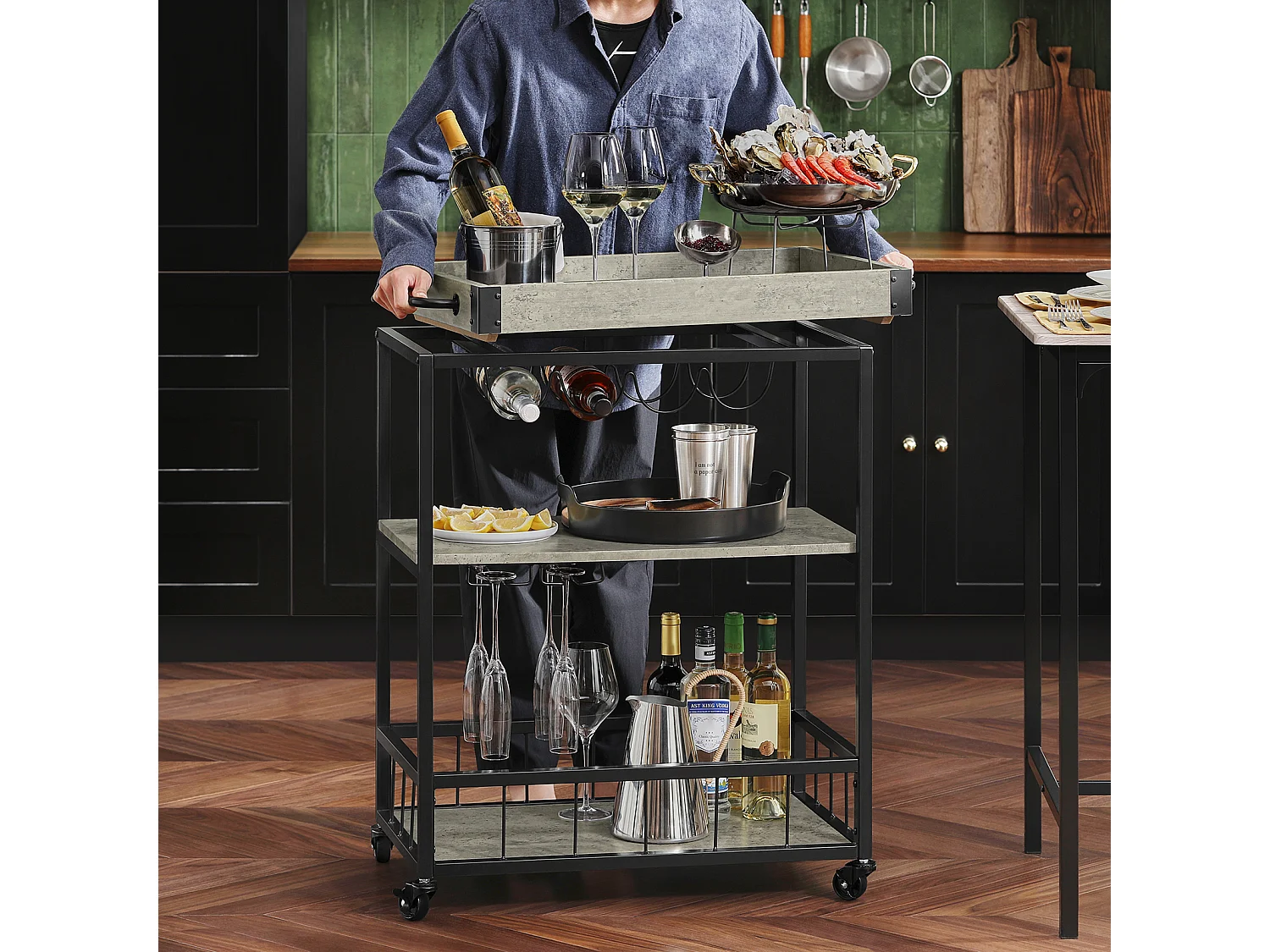 SoBuy FKW56-HG Keukentrolley Trolley met afneembaar dienblad - Keuken - Wijnrek