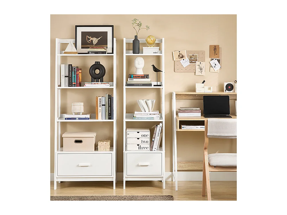 Bibliothèque Étagère style échelle de 4 niveaux et 1 tiroir –Blanc, FRG116-K-W