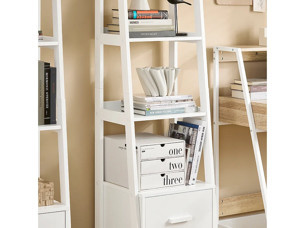 Bibliothèque Étagère style échelle de 4 niveaux et 1 tiroir –Blanc, FRG116-K-W