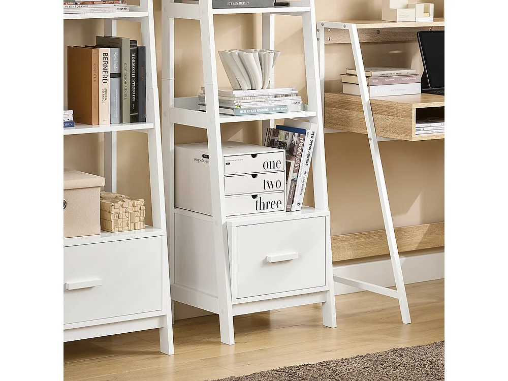 Bibliothèque Étagère style échelle de 4 niveaux et 1 tiroir –Blanc, FRG116-K-W