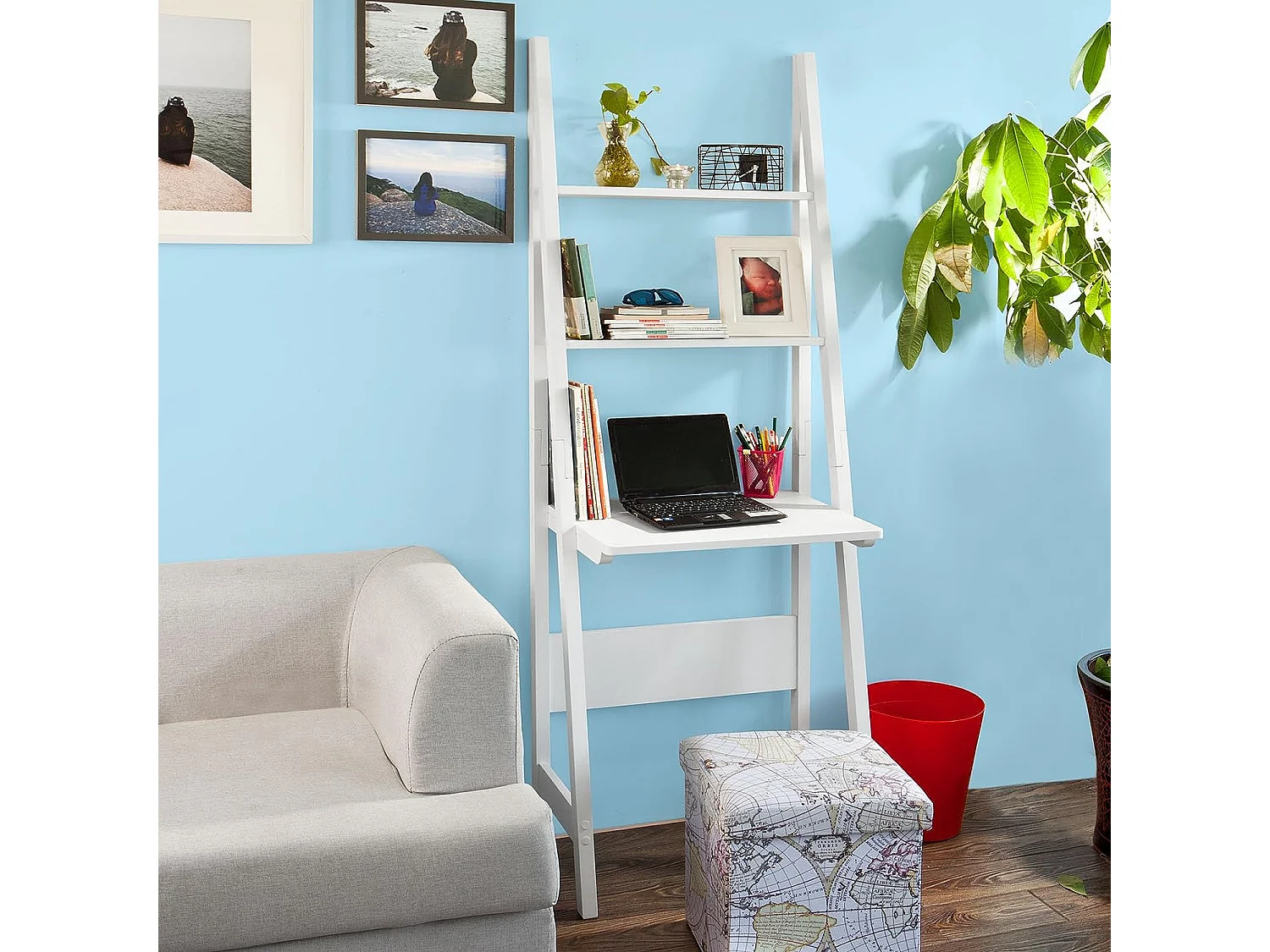 SoBuy FRG60-W Moderne Boekenkasten met Bureau - Tafel Bureau Bibliotheek Ladderplank