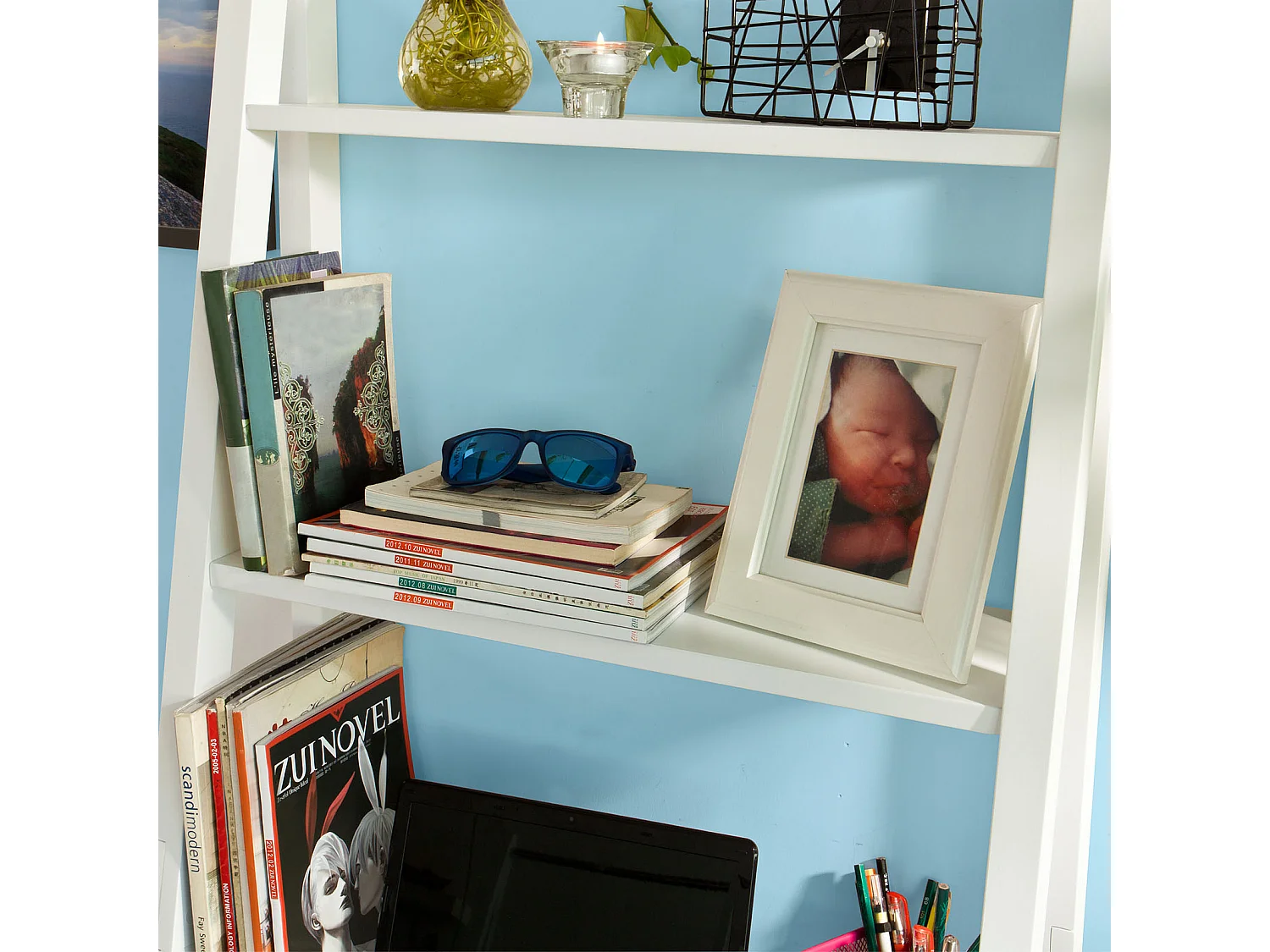 SoBuy FRG60-W Moderne Boekenkasten met Bureau - Tafel Bureau Bibliotheek Ladderplank