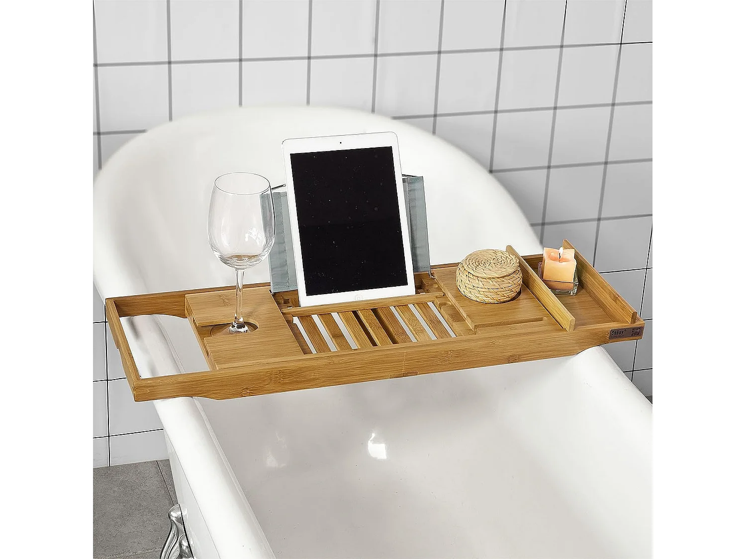SoBuy Ripiano per vasca da bagno in bambù,con supporto libri e tablet,Lunghezza in 70-104cm, FRG207-N