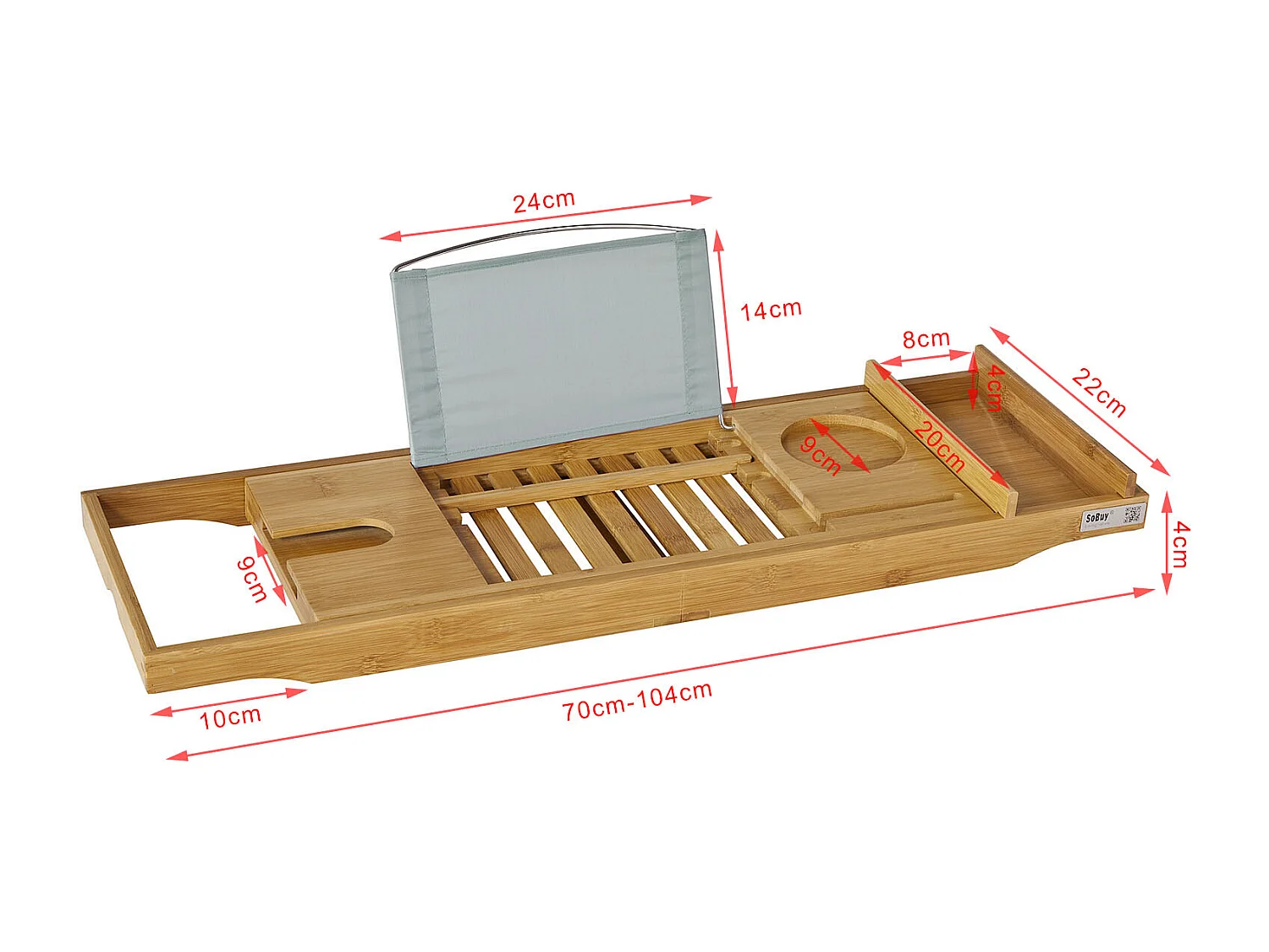 SoBuy Ripiano per vasca da bagno in bambù,con supporto libri e tablet,Lunghezza in 70-104cm, FRG207-N