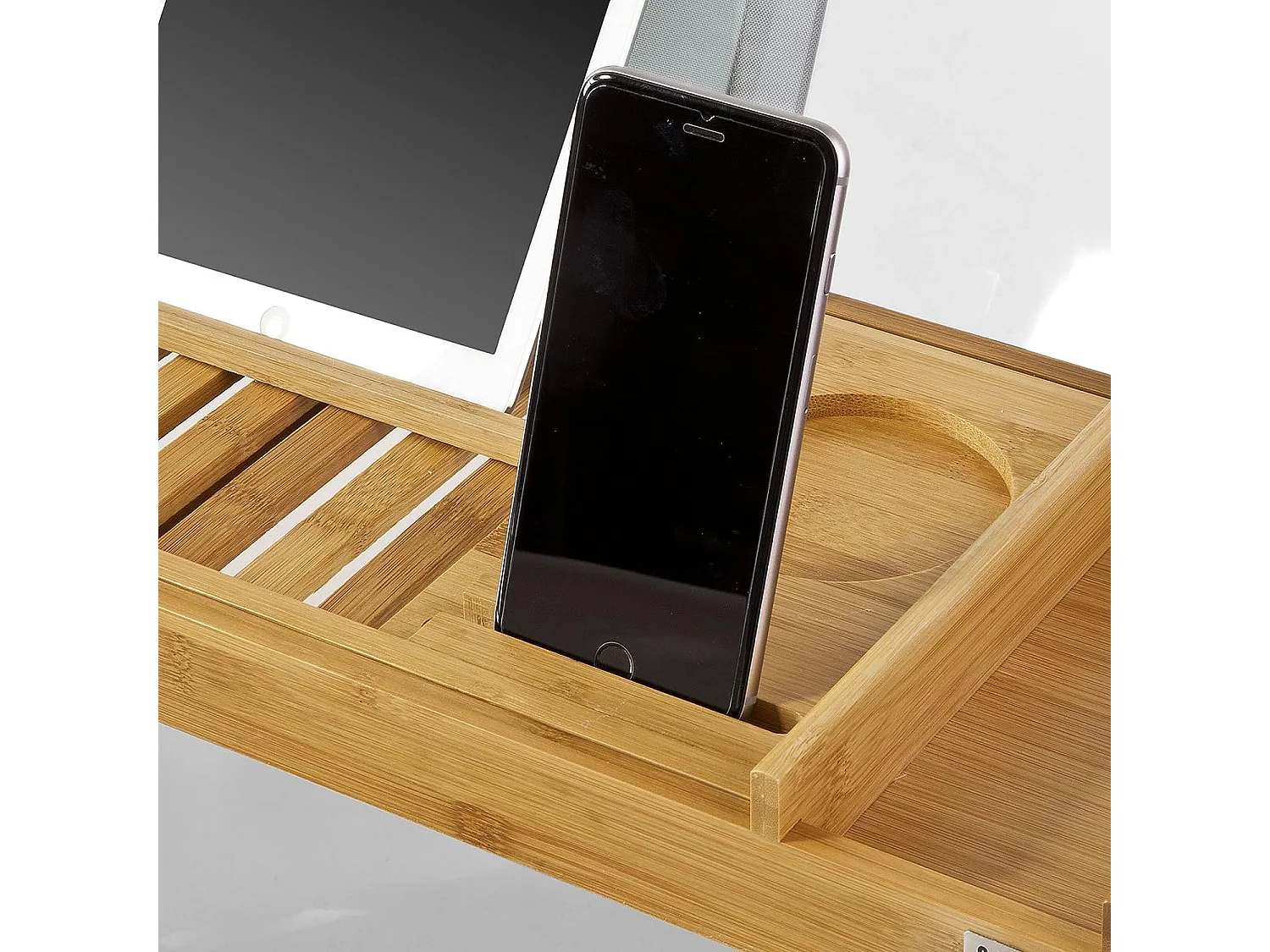 SoBuy Ripiano per vasca da bagno in bambù,con supporto libri e tablet,Lunghezza in 70-104cm, FRG207-N