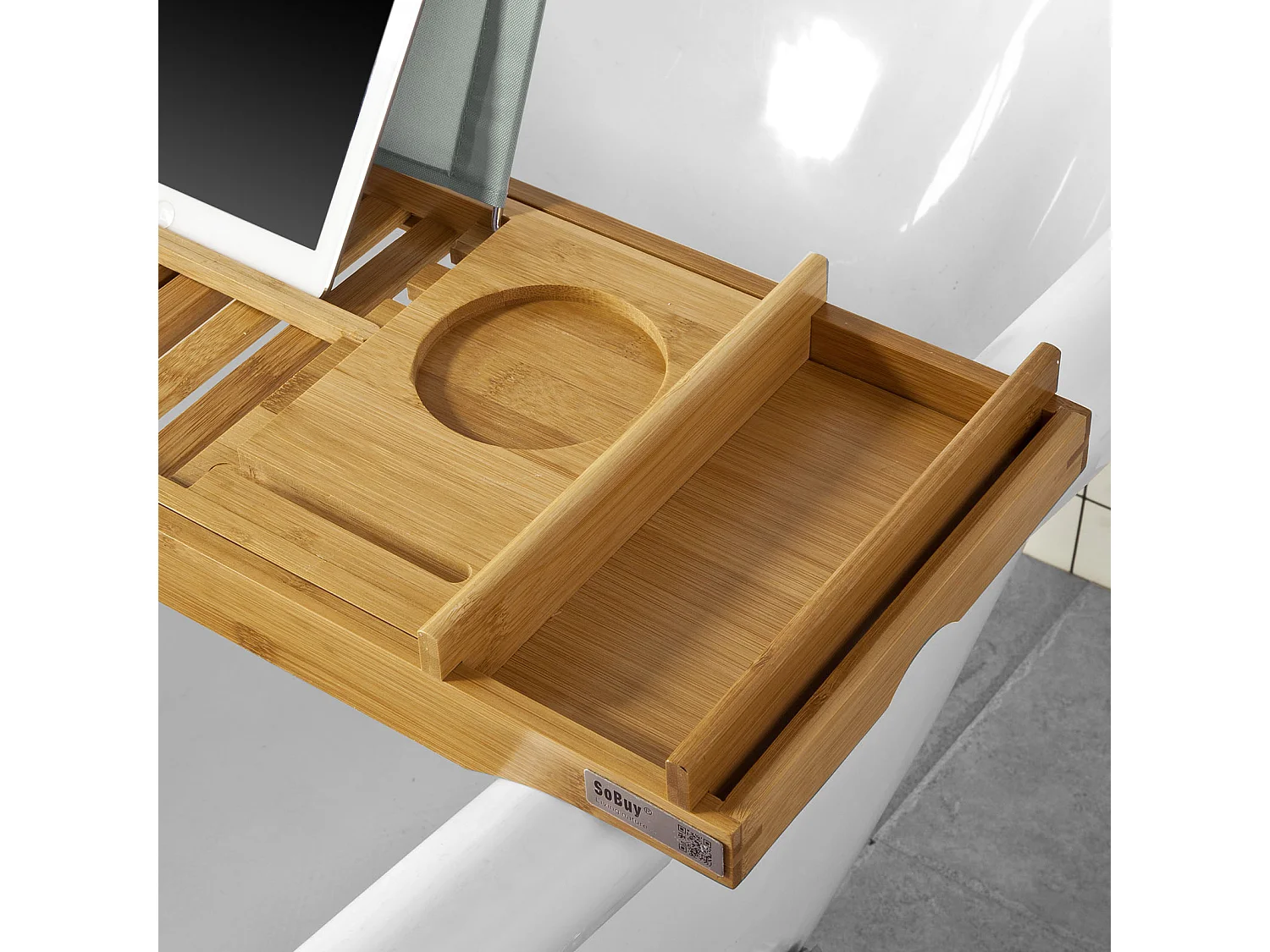SoBuy Ripiano per vasca da bagno in bambù,con supporto libri e tablet,Lunghezza in 70-104cm, FRG207-N