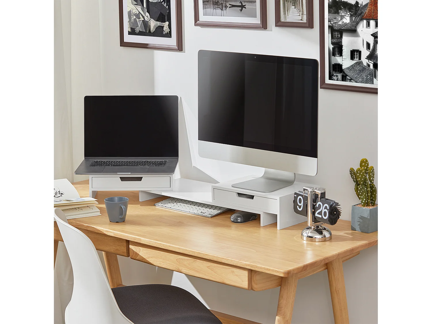 SoBuy BBF04-W Design Monitorverhoging voor 2 monitoren Monitorstandaard Schermstandaard Notebookstandaard