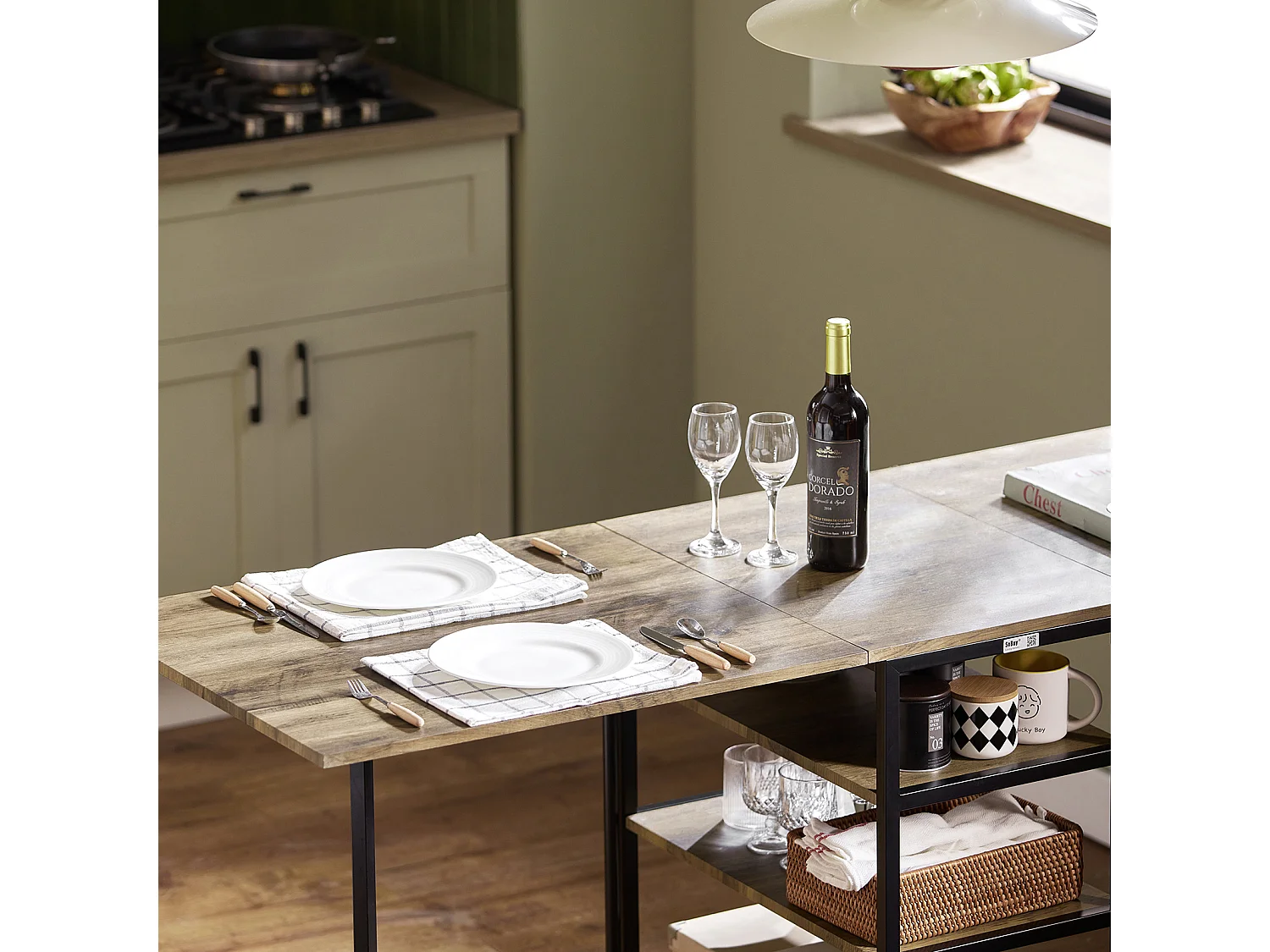 SoBuy FWT62-N klaptafel met 2 kleppen en 3 opslagplanken, Opvouwbare Keukentafel, Opklapbare Eettafel, Ruimtebesparend