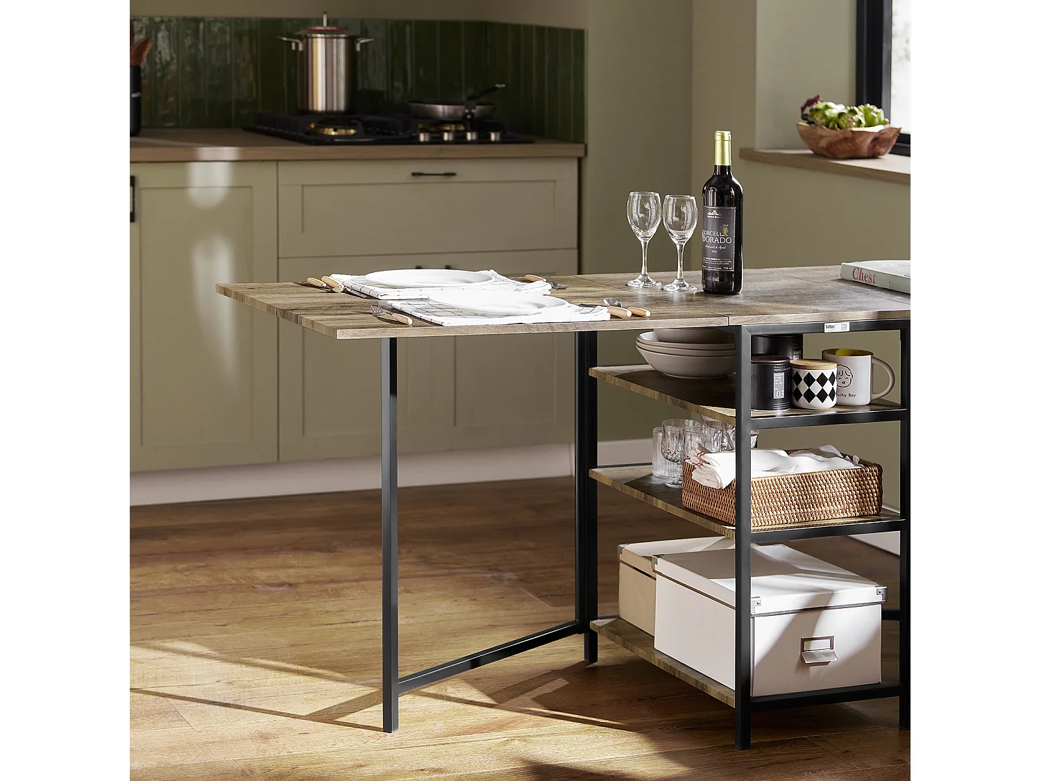 SoBuy FWT62-N klaptafel met 2 kleppen en 3 opslagplanken, Opvouwbare Keukentafel, Opklapbare Eettafel, Ruimtebesparend