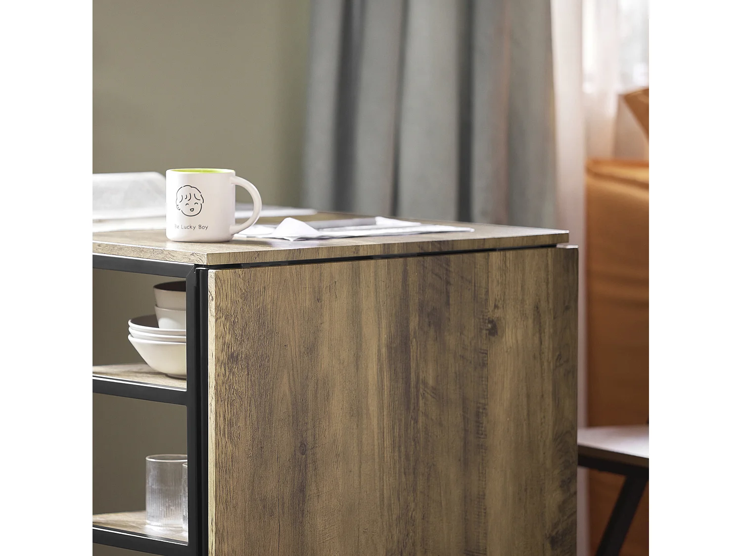 SoBuy FWT62-N klaptafel met 2 kleppen en 3 opslagplanken, Opvouwbare Keukentafel, Opklapbare Eettafel, Ruimtebesparend