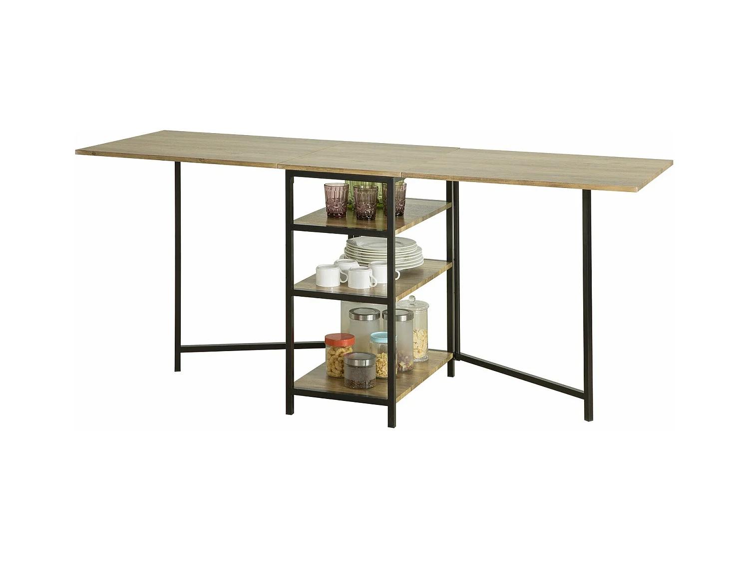 SoBuy FWT62-N klaptafel met 2 kleppen en 3 opslagplanken, Opvouwbare Keukentafel, Opklapbare Eettafel, Ruimtebesparend