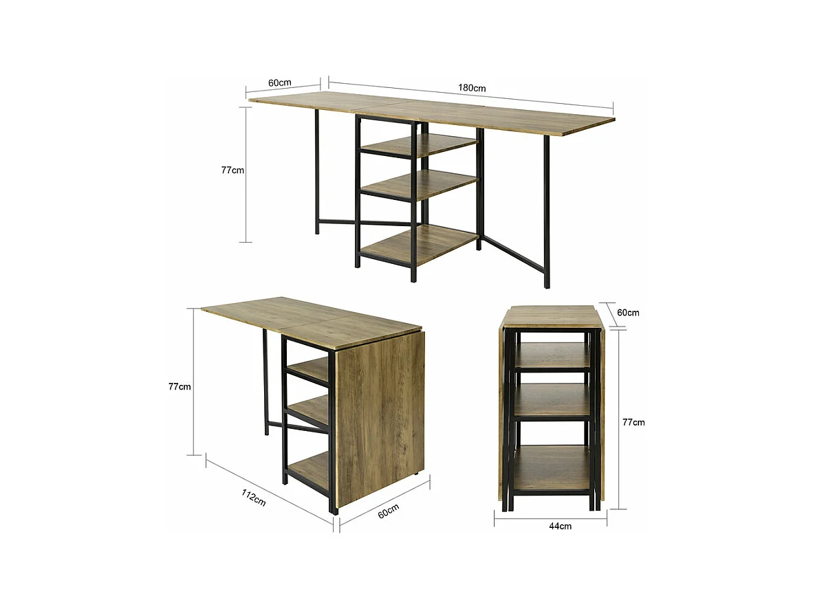 Table Pliante avec 2 Abattants et 3 étagères de Rangement, Table de Cuisine Rabattable, FWT62-N