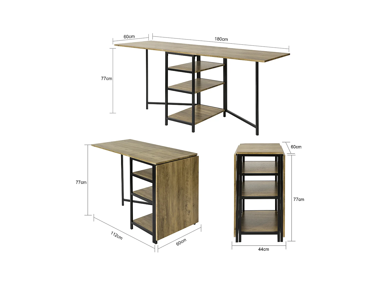 Table Pliante avec 2 Abattants et 3 étagères de Rangement, Table de Cuisine Rabattable, FWT62-N