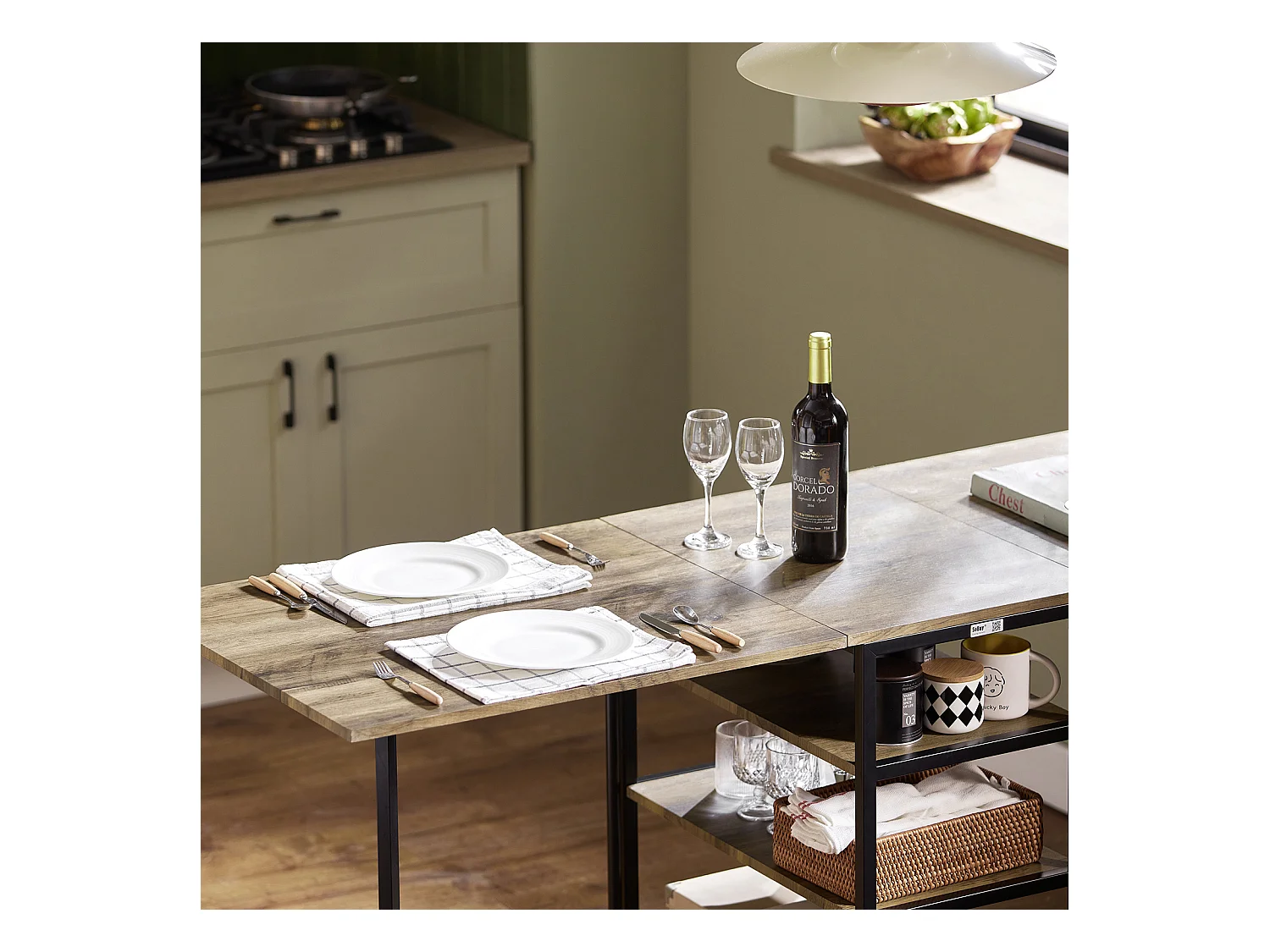 Table Pliante avec 2 Abattants et 3 étagères de Rangement, Table de Cuisine Rabattable, FWT62-N