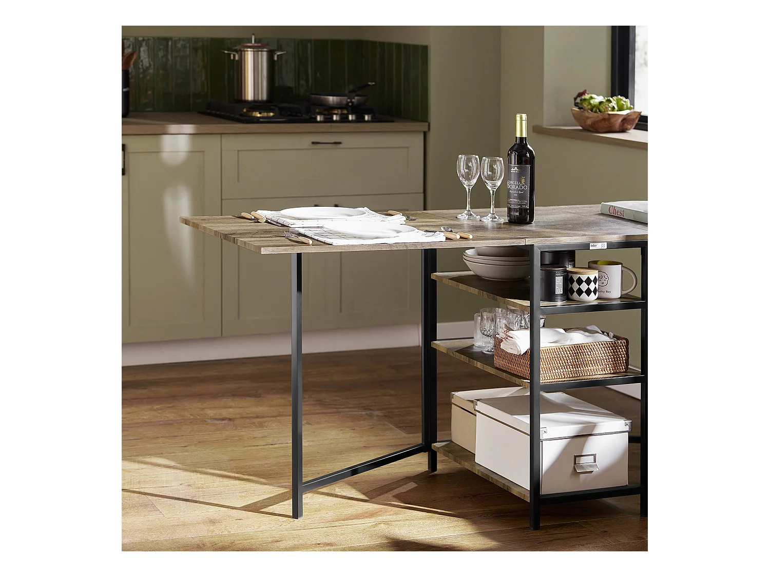 Table Pliante avec 2 Abattants et 3 étagères de Rangement, Table de Cuisine Rabattable, FWT62-N