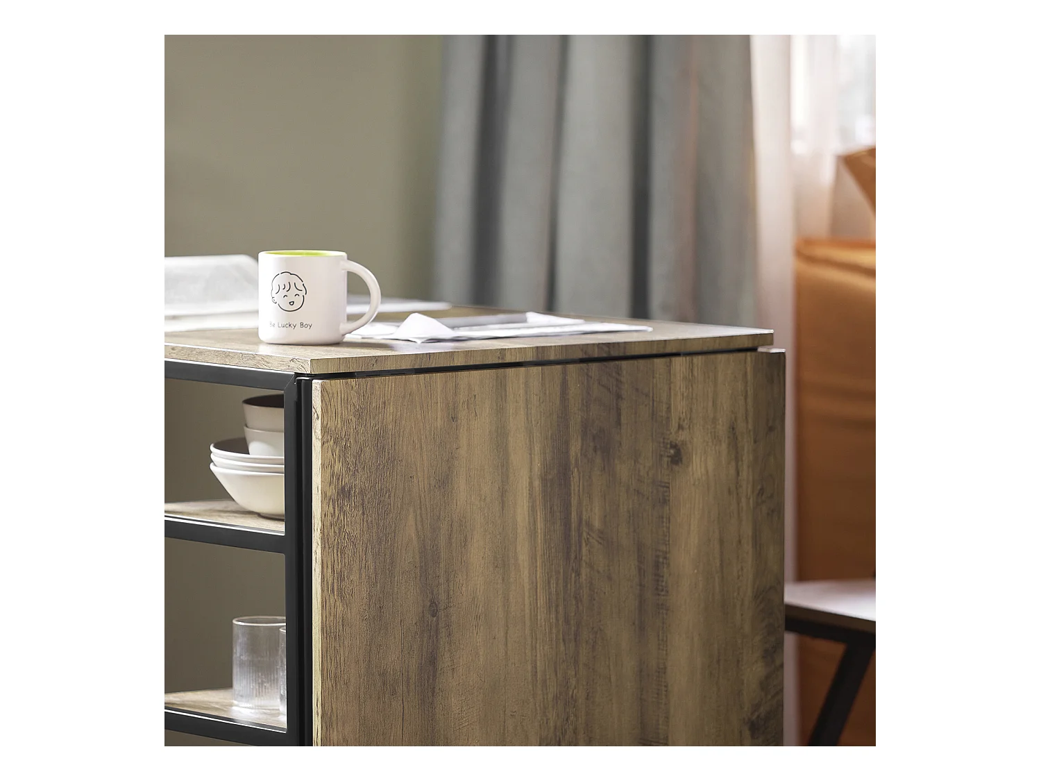 Table Pliante avec 2 Abattants et 3 étagères de Rangement, Table de Cuisine Rabattable, FWT62-N