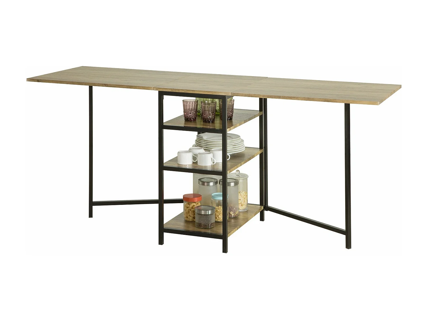 SoBuy FWT62-N klaptafel met 2 kleppen en 3 opslagplanken, Opvouwbare Keukentafel, Opklapbare Eettafel, Ruimtebesparend